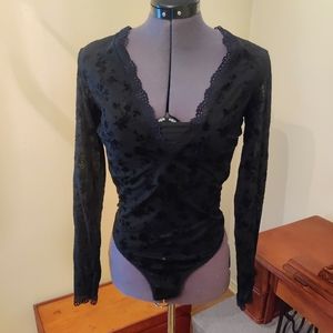 Free People (intimately free) black mesh and velvet bodysuit